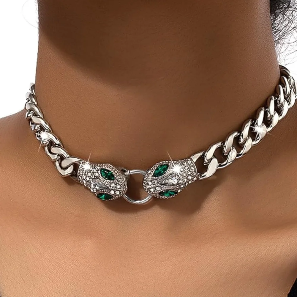 Macy's Silver-Tone Chain Choker with Green Crystal Snake Heads - Picture 2 of 4